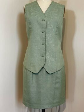VTG 90s Talbots Linen Blend Sage Green Embroidered Vest Skirt Suit Set Sz 4